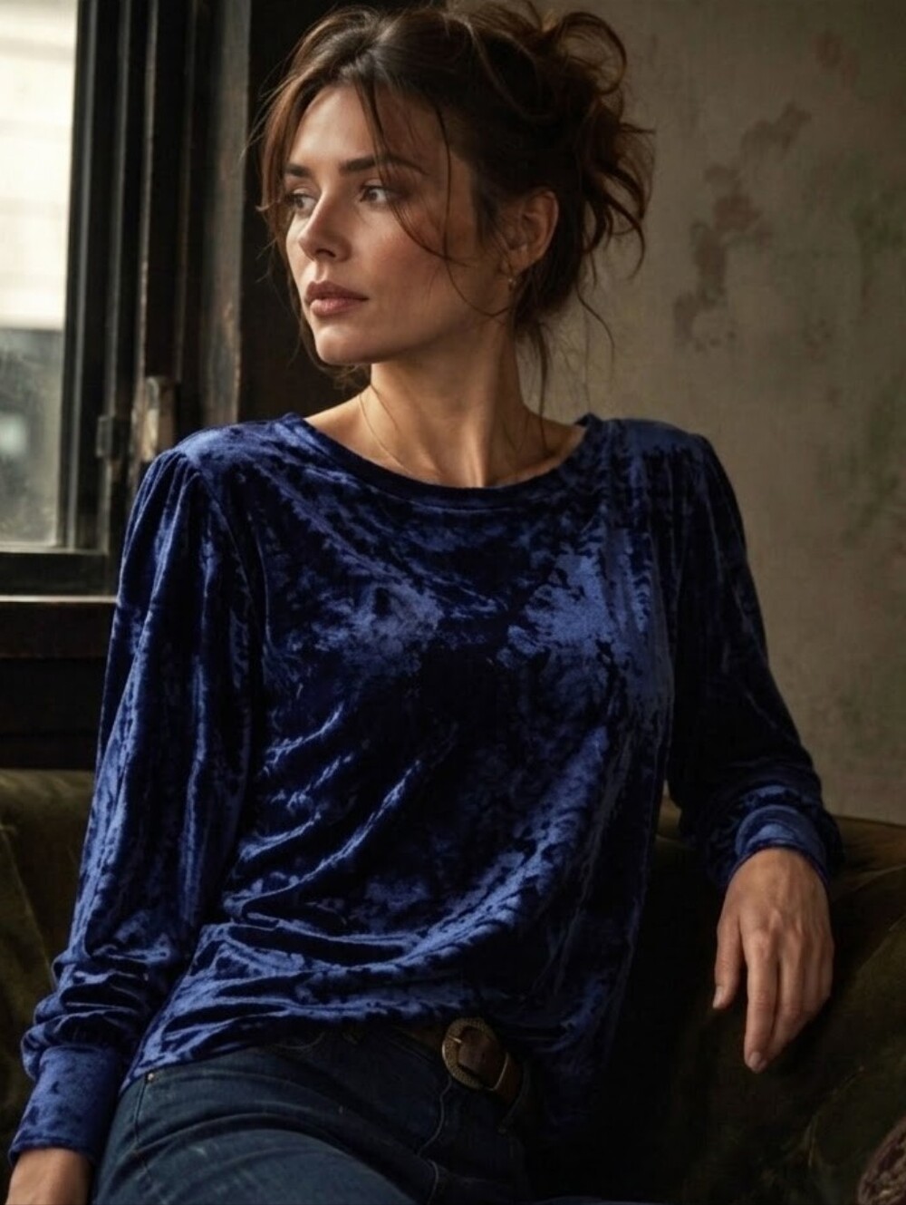 ModCloth Navy Blue Crushed Velvet Long Sleeve Top Women's Medium Fall Winter